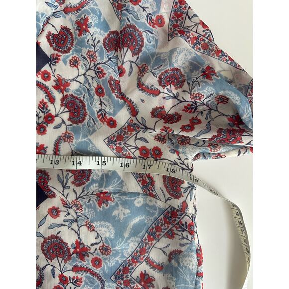 💥Daniel Rainn Gleeson Tab Sleeve Pleated Front Blue Red Floral Popover Blouse M - Picture 13 of 14